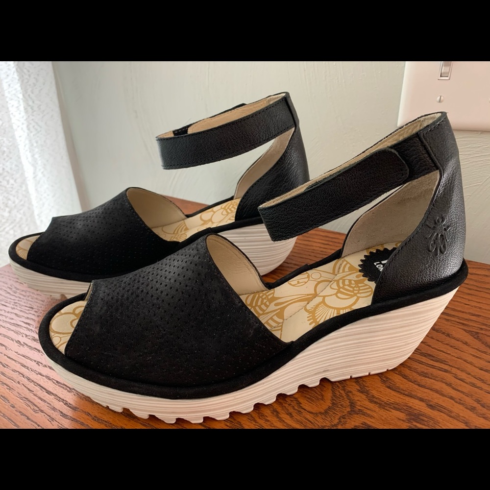 Fly London Peep Toe Wedge Ankle Strap sandal